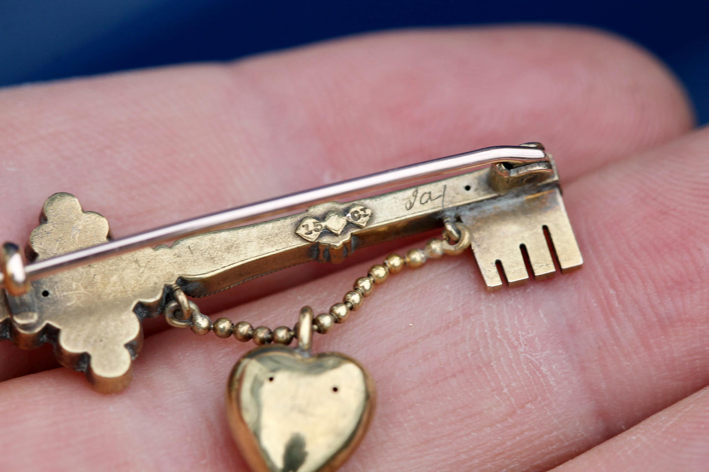 Antique 15ct Gold Key to My Heart Brooch | Edwardian Diamond Heart & Key Pin | Love Token