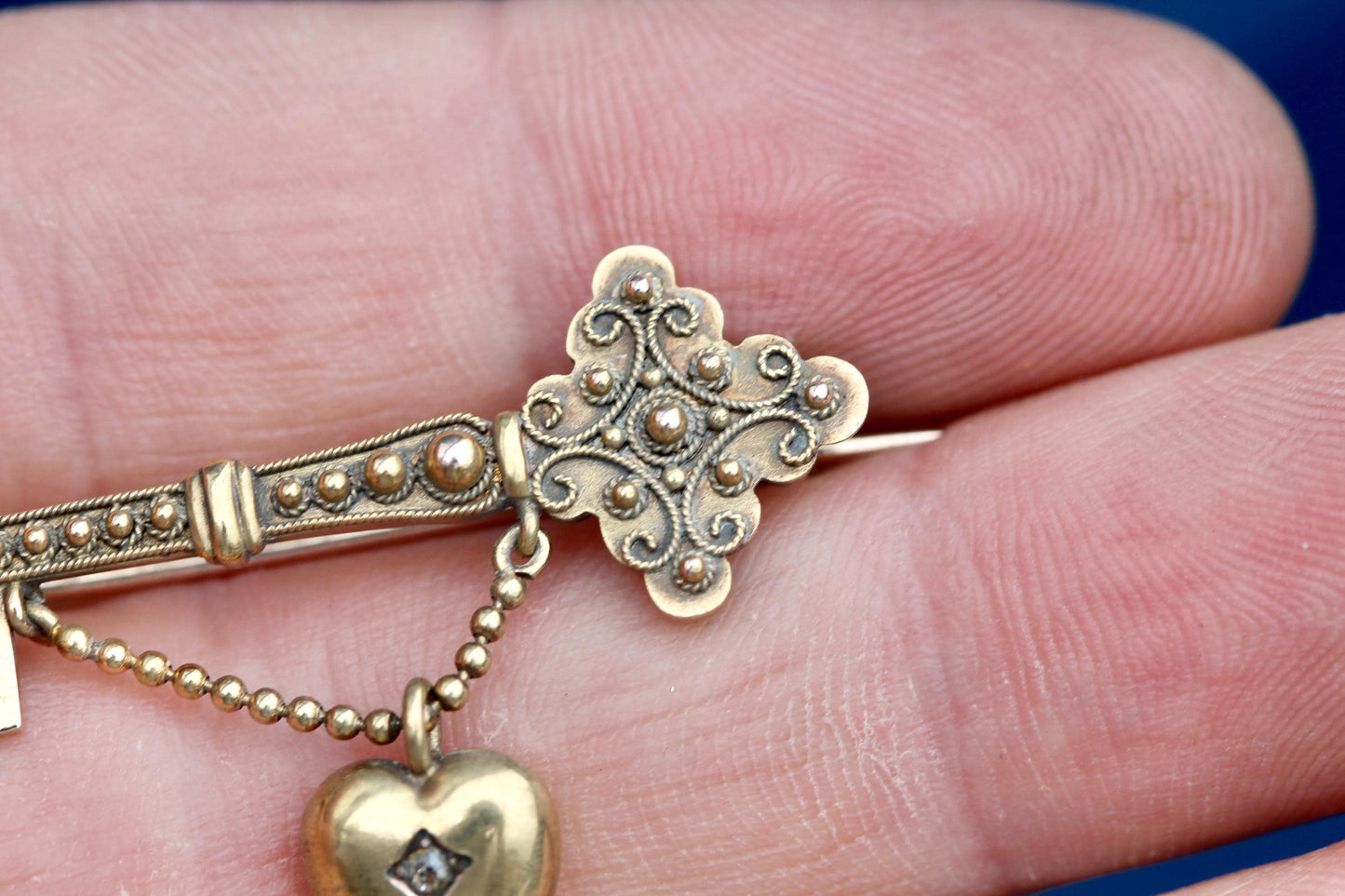 Antique 15ct Gold Key to My Heart Brooch | Edwardian Diamond Heart & Key Pin | Love Token