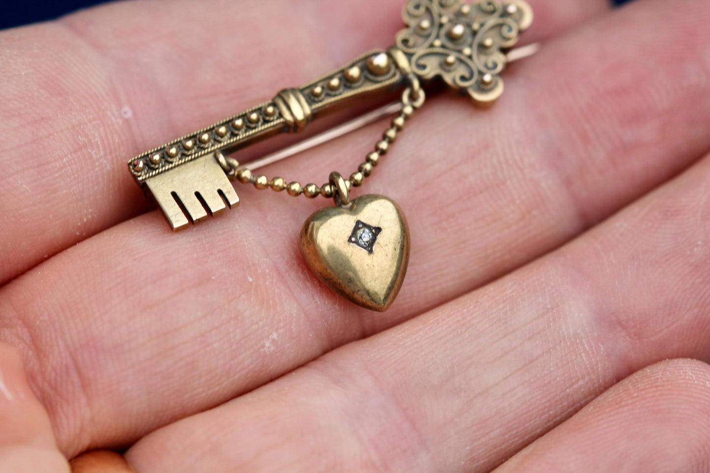 Antique 15ct Gold Key to My Heart Brooch | Edwardian Diamond Heart & Key Pin | Love Token