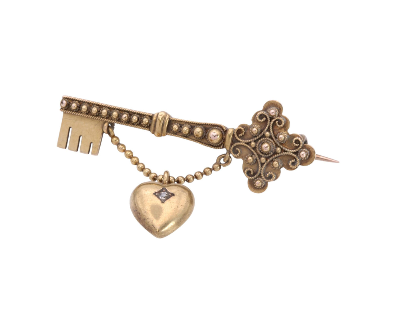 Antique-15ct-Gold-Key-to-My-Heart-Brooch-|-Edwardian-Diamond-Heart-&-Key-Pin-|-Love-Token