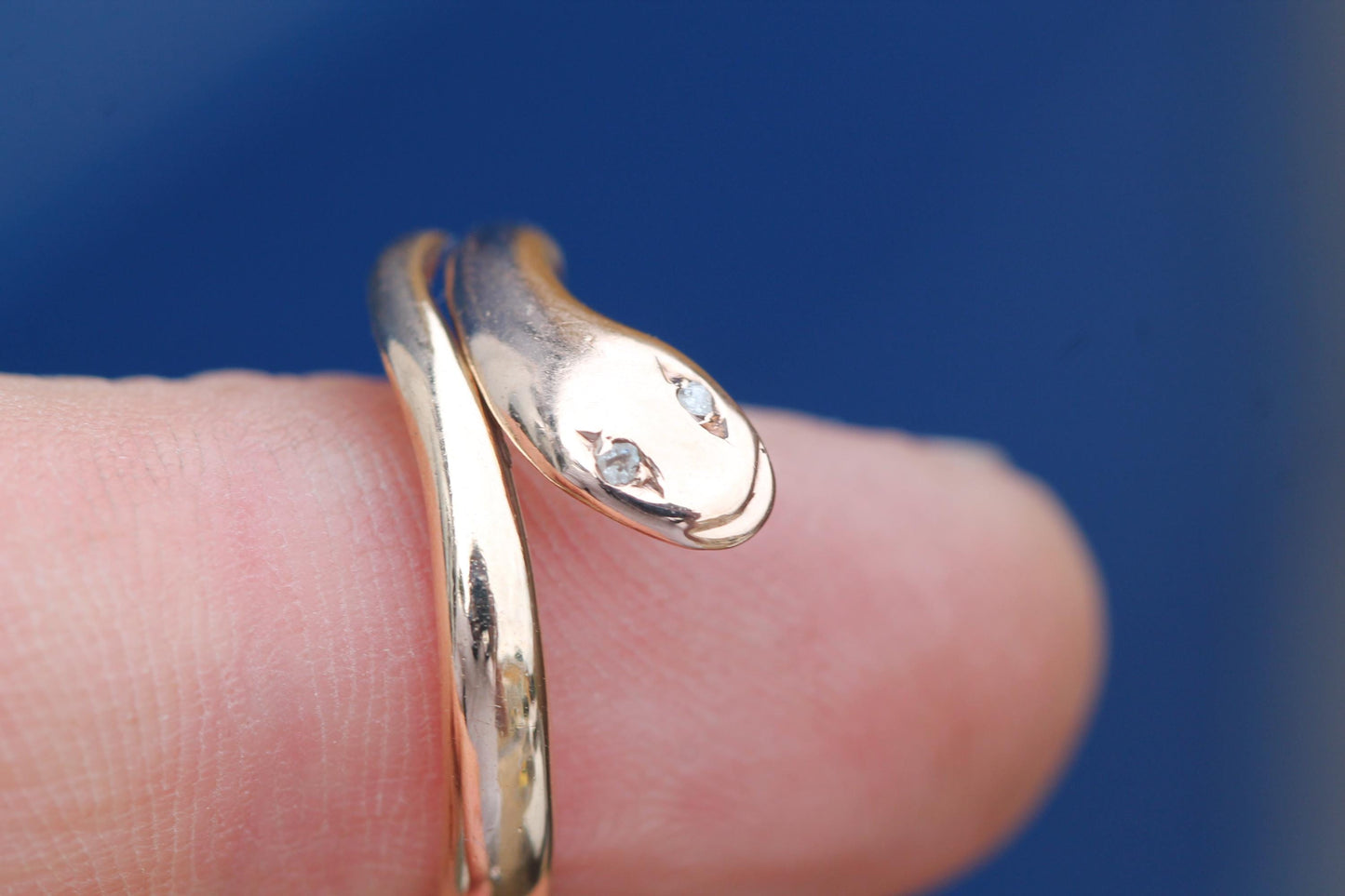 Antique 9ct Gold Snake Ring | Diamond Eyes | Coiled Serpent Ring | 1908