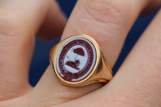 Antique 18ct Gold Sardonyx Intaglio Signet Ring | Heraldic Crest Ring | "Every man for himself and God for us all" | Victorian 1886