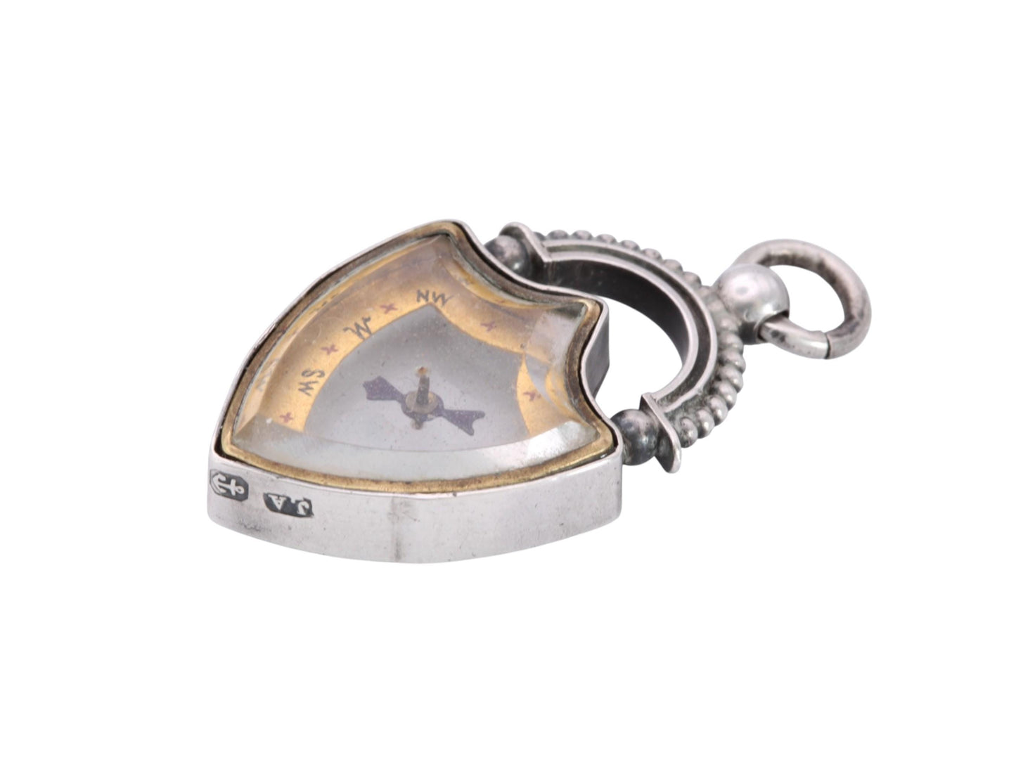 Antique Sterling Silver Compass Fob | Shield Compass Pendant | 1893