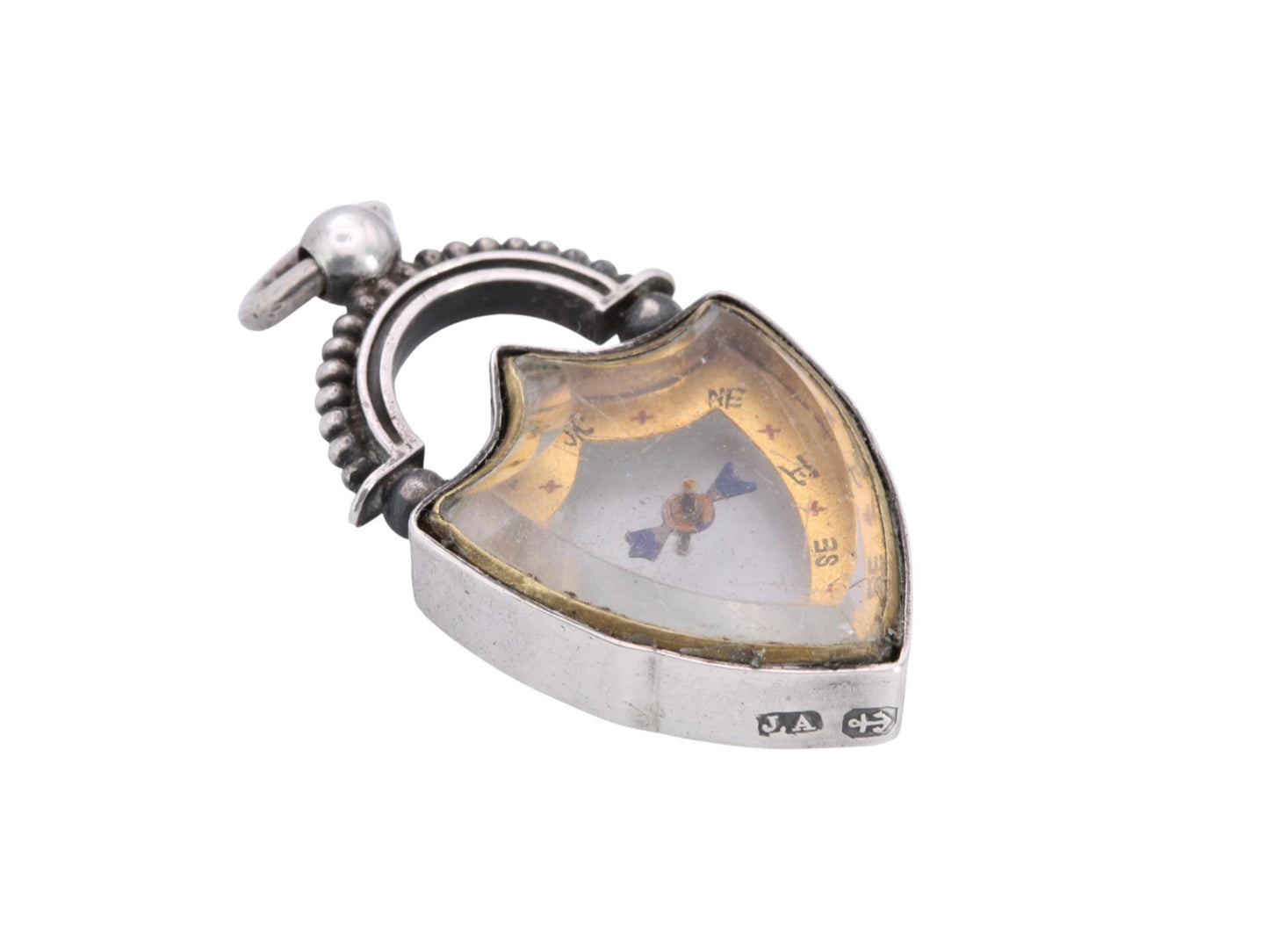 Antique Sterling Silver Compass Fob | Shield Compass Pendant | 1893