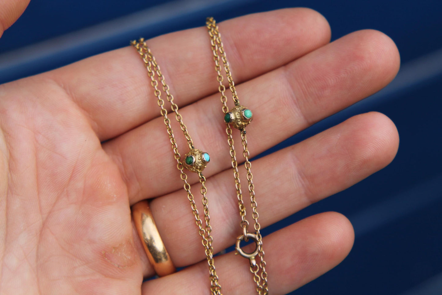 Antique 9ct Gold Turquoise Guard Chain | Edwardian Long Necklace | 54.5"