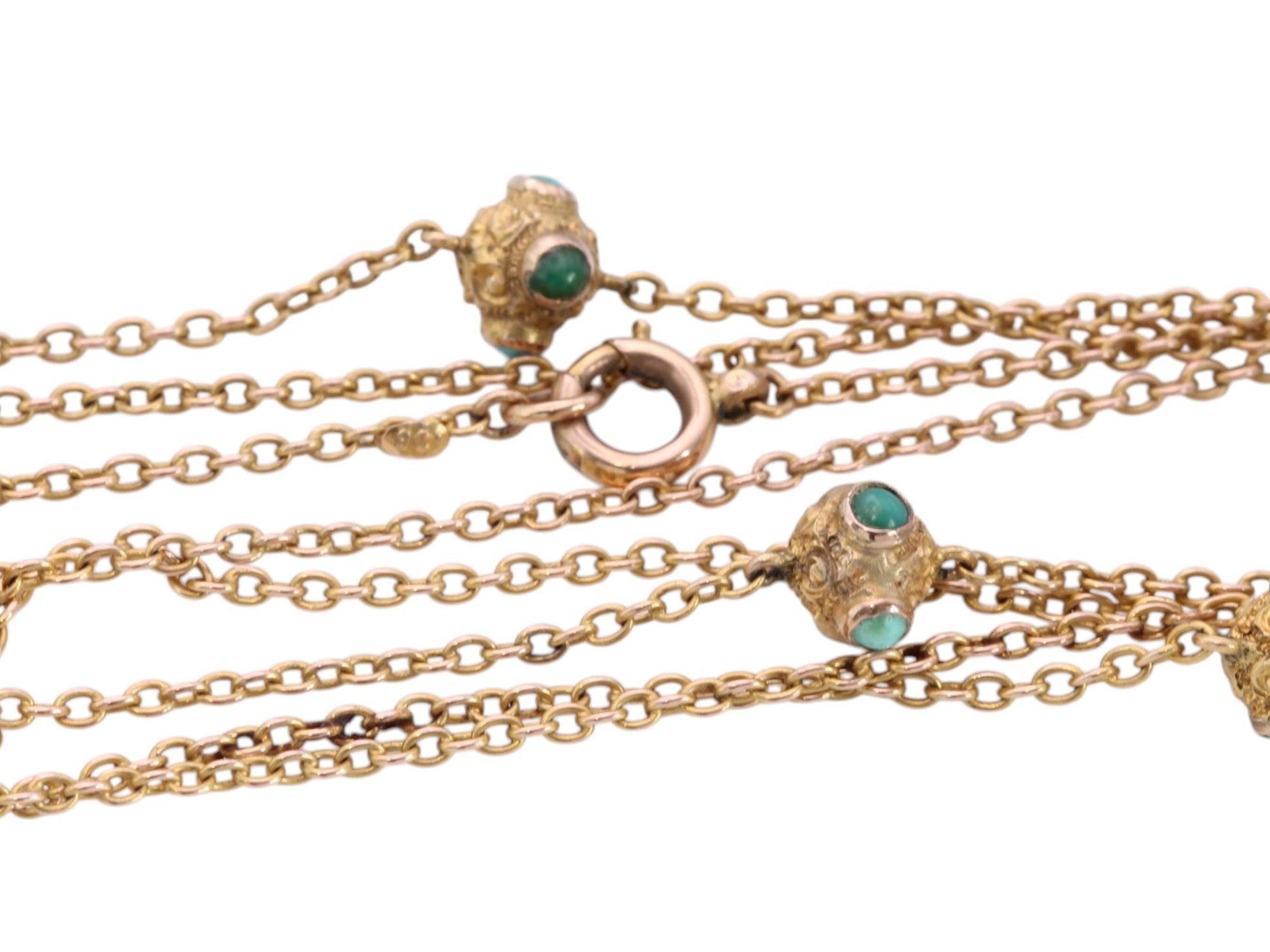 Antique-9ct-Gold-Turquoise-Guard-Chain-|-Edwardian-Long-Necklace-|-54.5"