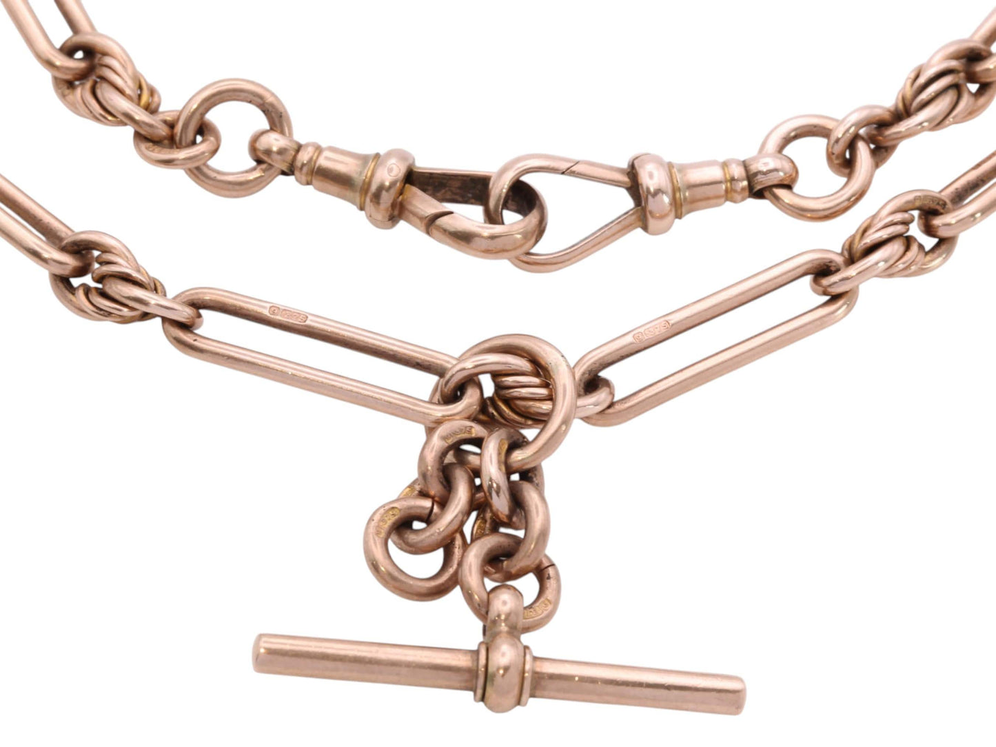 Antique 9ct Rose Gold Trombone & Lover's Knot Albert Chain | 44g | 15.5"