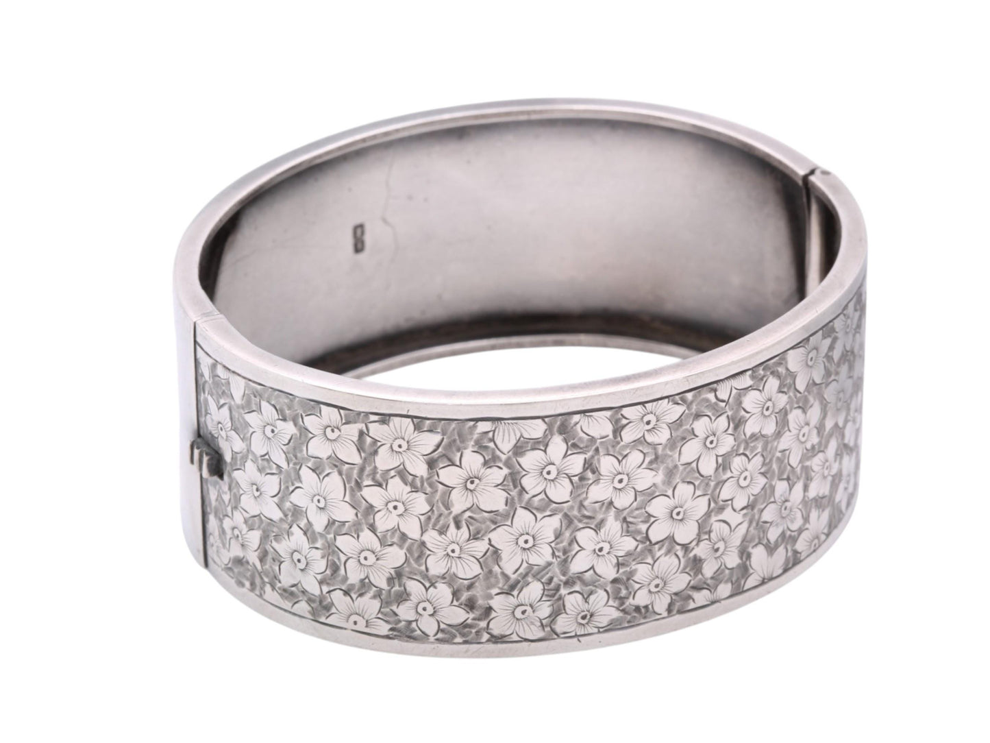 Antique Sterling Silver Chased Floral Bangle | Wide Silver Cuff | Victorian 1883