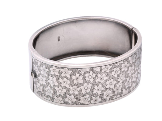 Antique Sterling Silver Chased Floral Bangle | Wide Silver Cuff | Victorian 1883
