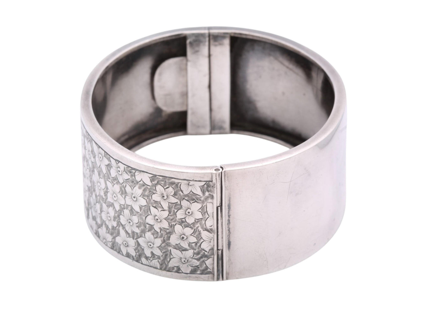 Antique Sterling Silver Chased Floral Bangle | Wide Silver Cuff | Victorian 1883