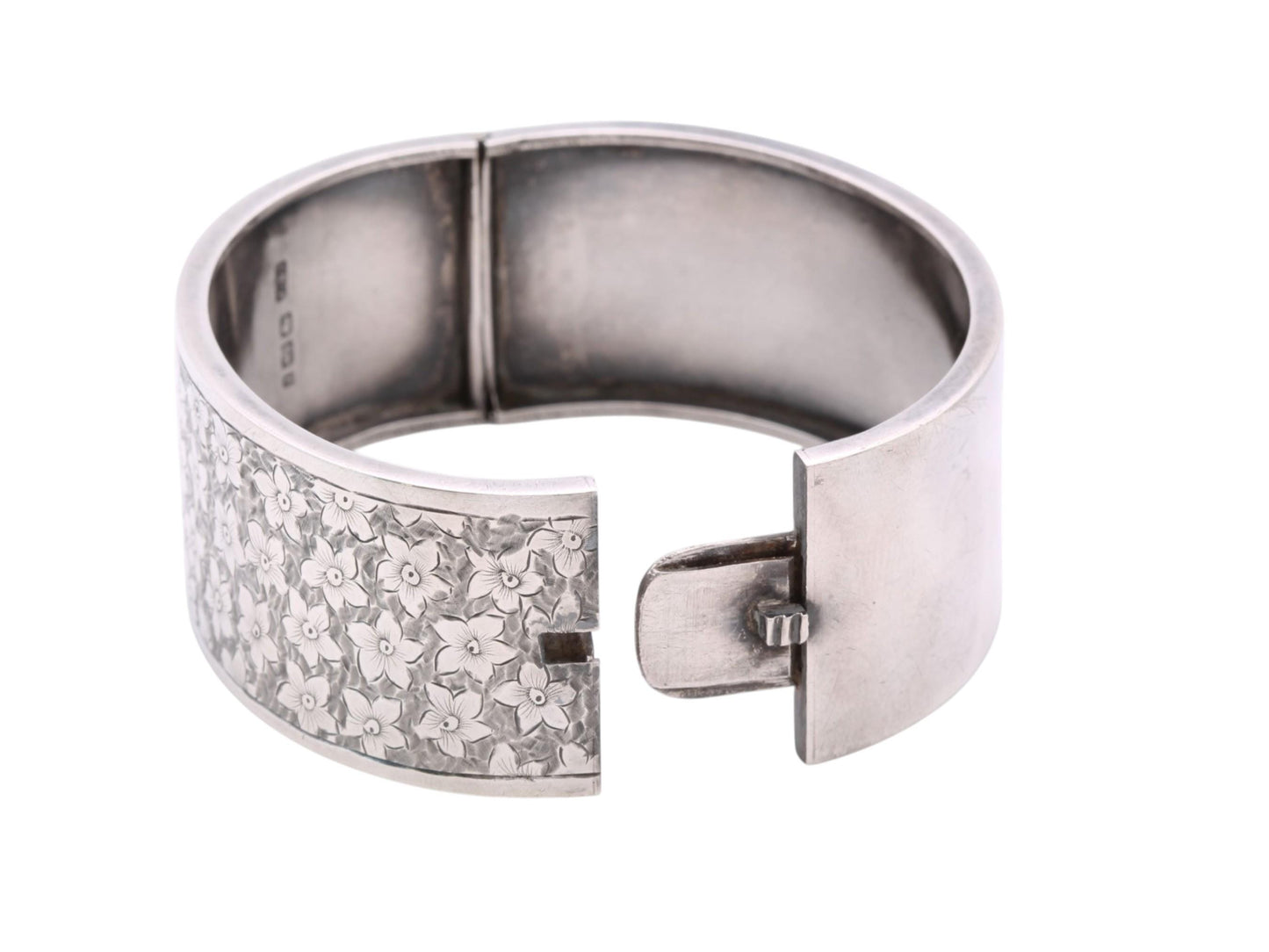 Antique Sterling Silver Chased Floral Bangle | Wide Silver Cuff | Victorian 1883