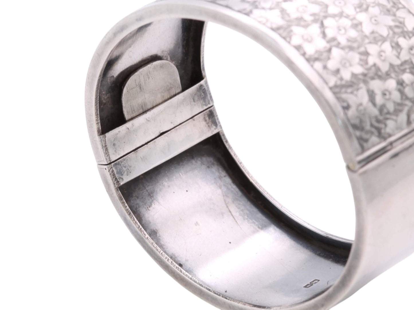 Antique Sterling Silver Chased Floral Bangle | Wide Silver Cuff | Victorian 1883