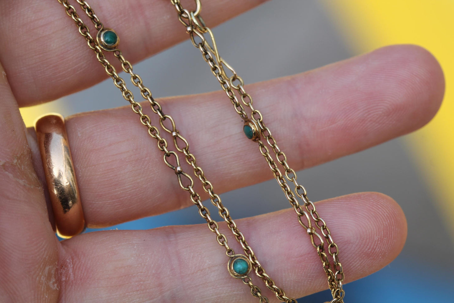 Antique 18ct Gold Turquoise Infinity Link Necklace | Safety Hook & Chain | Victorian c.1890