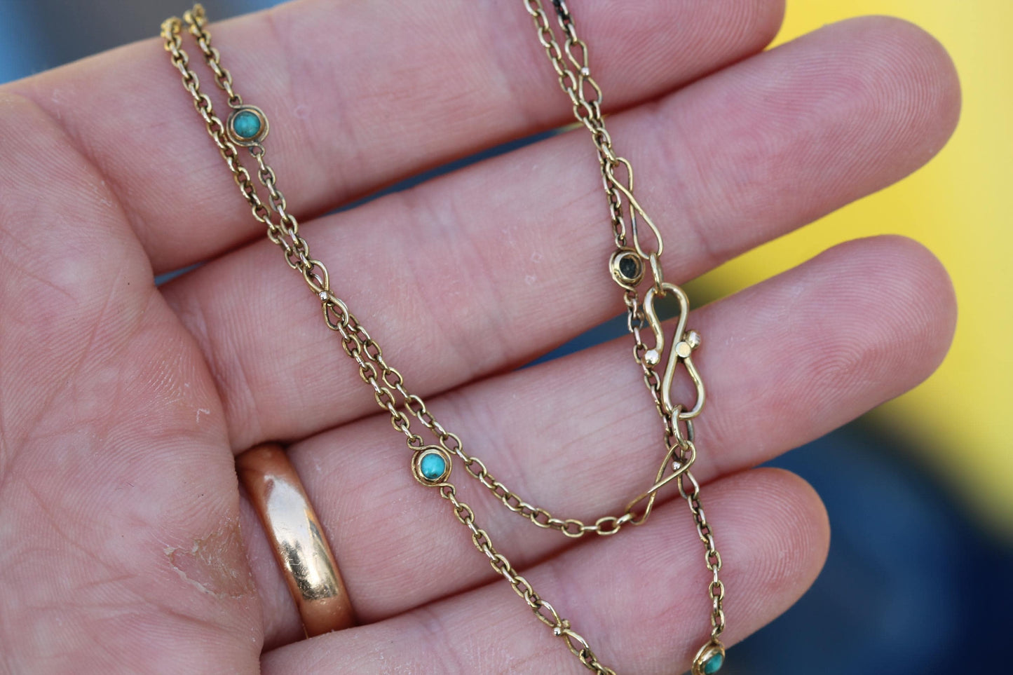 Antique 18ct Gold Turquoise Infinity Link Necklace | Safety Hook & Chain | Victorian c.1890