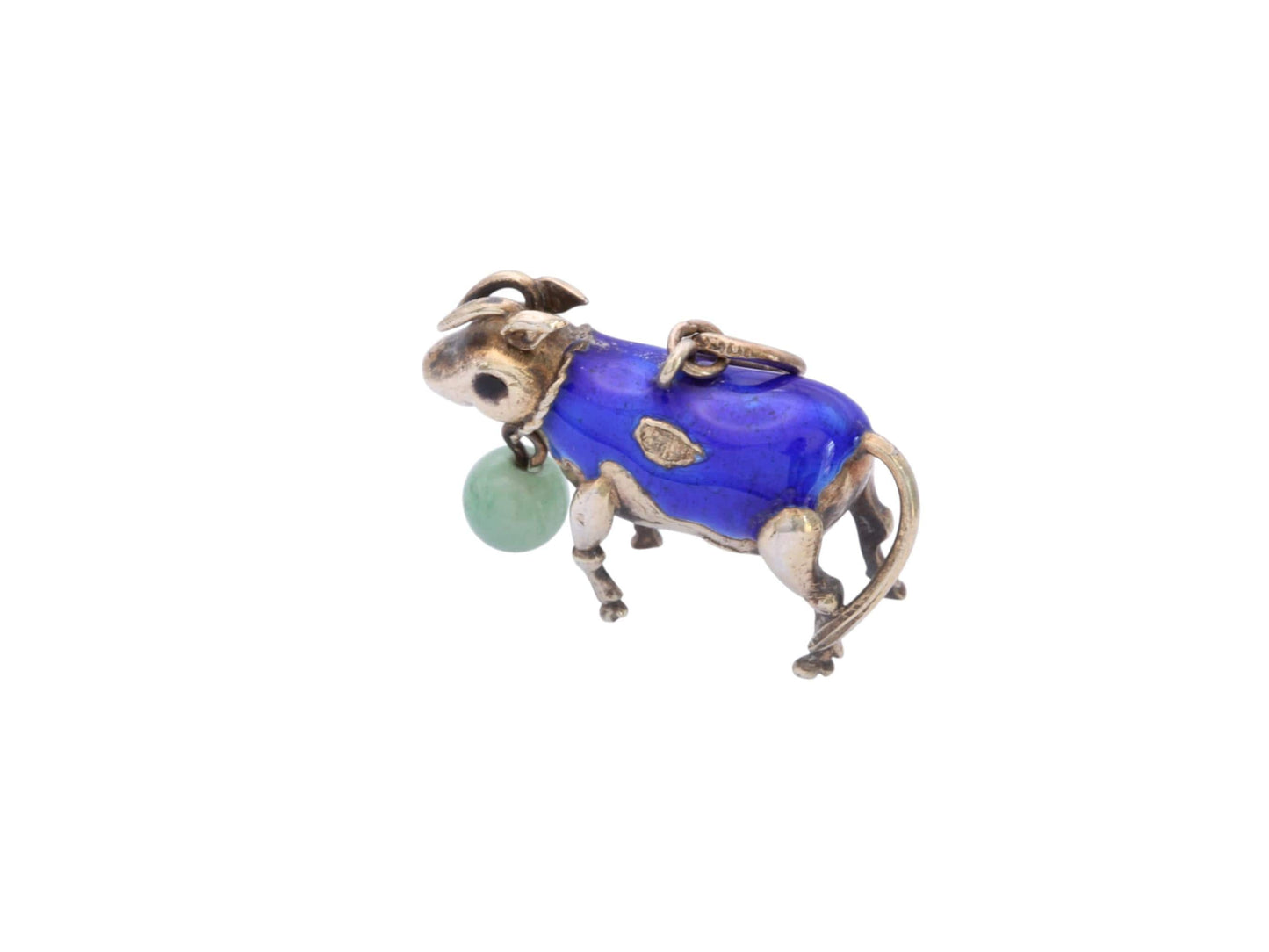 Vintage Sterling Silver Enamel Cow Charm | Mid Century Farm Animal Pendant | Blue Enamel & Jade Charm