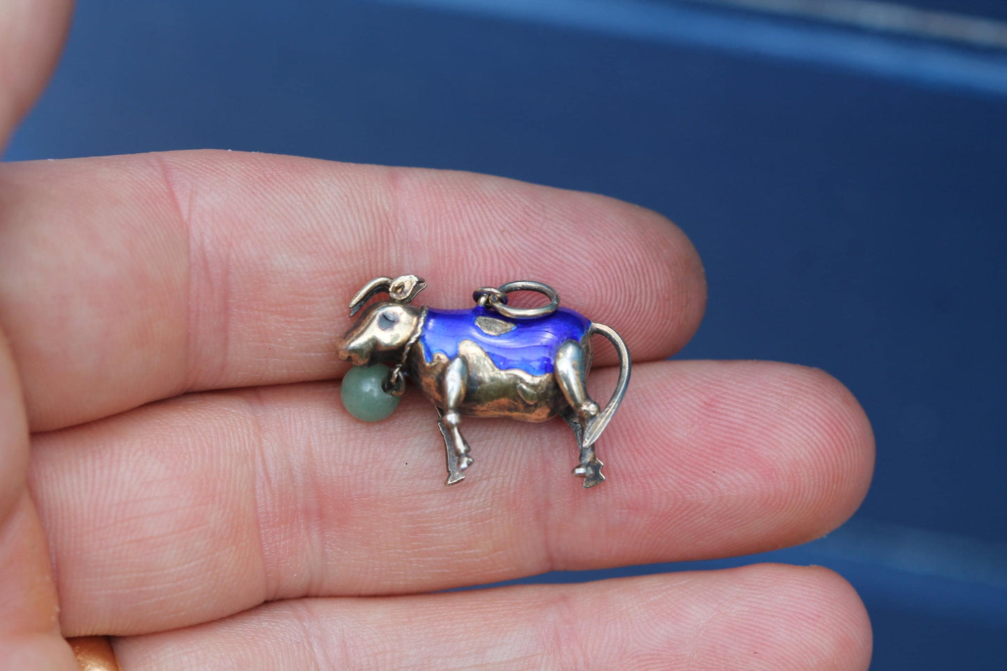 Vintage Sterling Silver Enamel Cow Charm | Mid Century Farm Animal Pendant | Blue Enamel & Jade Charm