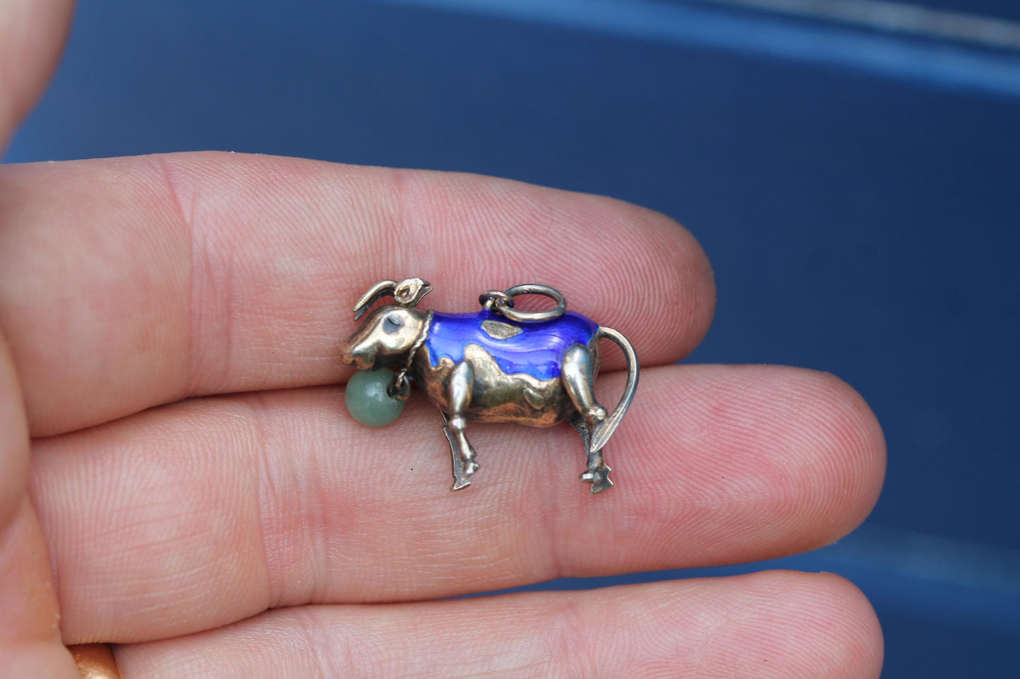 Vintage Sterling Silver Enamel Cow Charm | Mid Century Farm Animal Pendant | Blue Enamel & Jade Charm