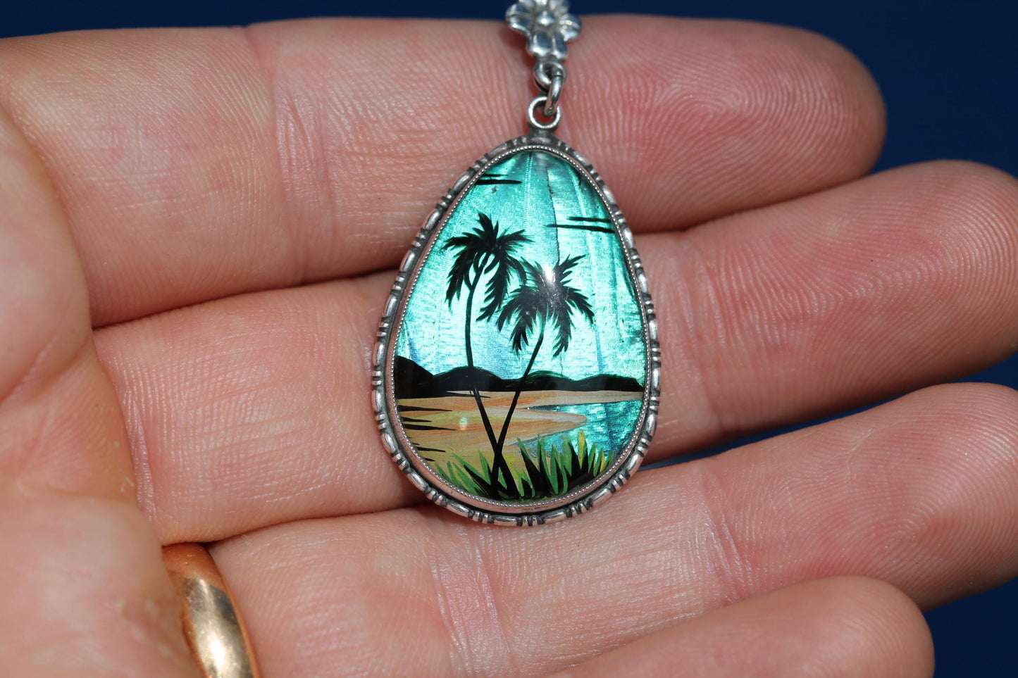 Art Deco Thomas L Mott Butterfly Wing Pendant | Sterling Silver Tropical Scene Pendant