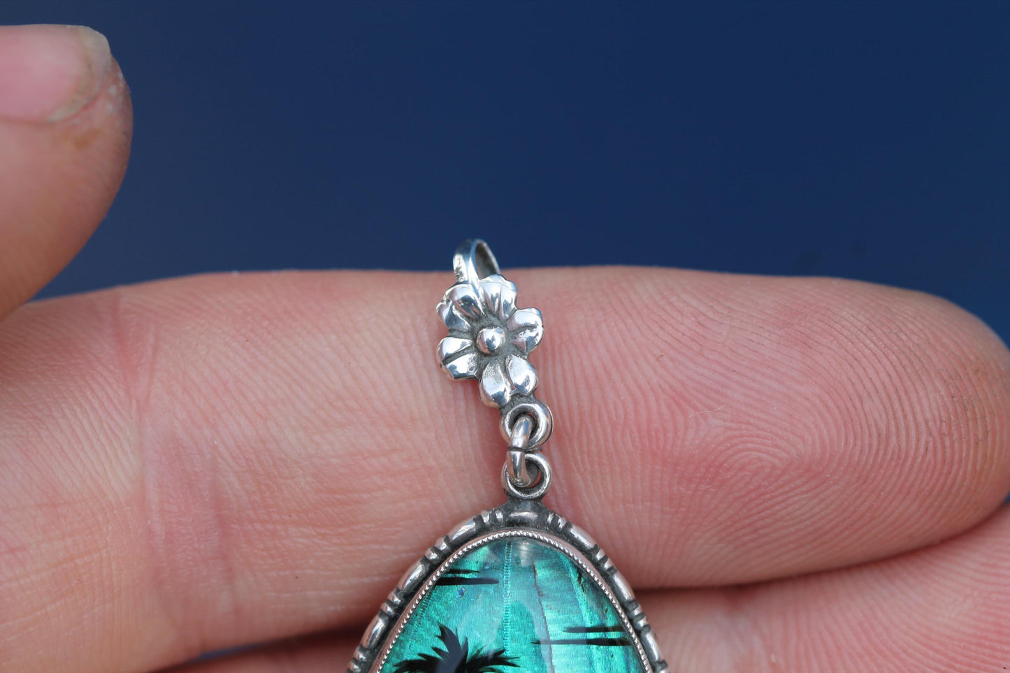 Art Deco Thomas L Mott Butterfly Wing Pendant | Sterling Silver Tropical Scene Pendant
