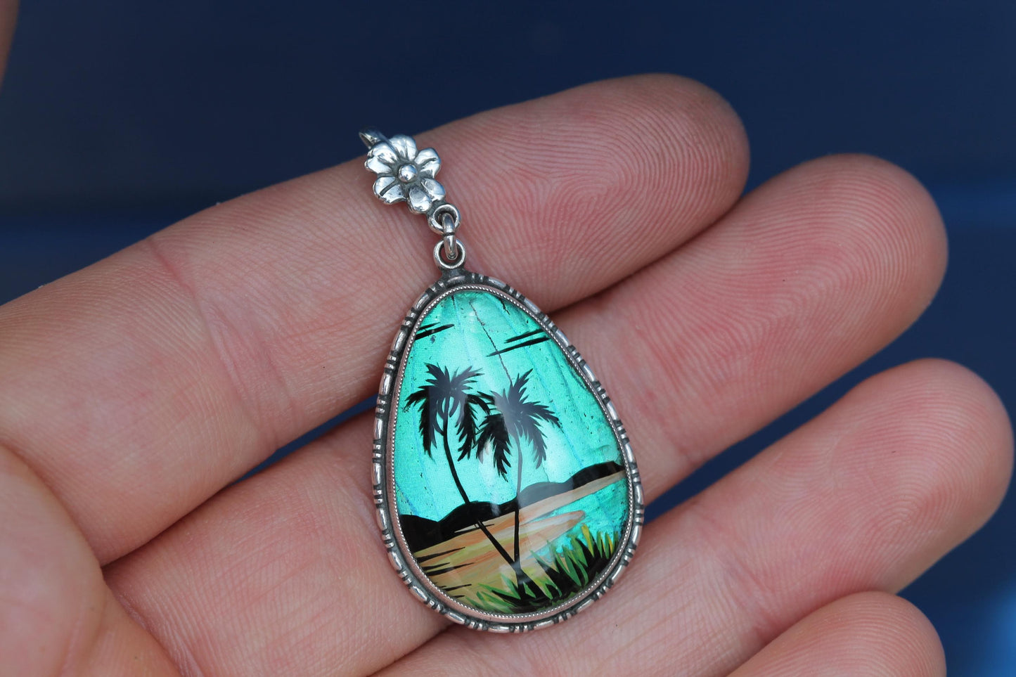 Art Deco Thomas L Mott Butterfly Wing Pendant | Sterling Silver Tropical Scene Pendant