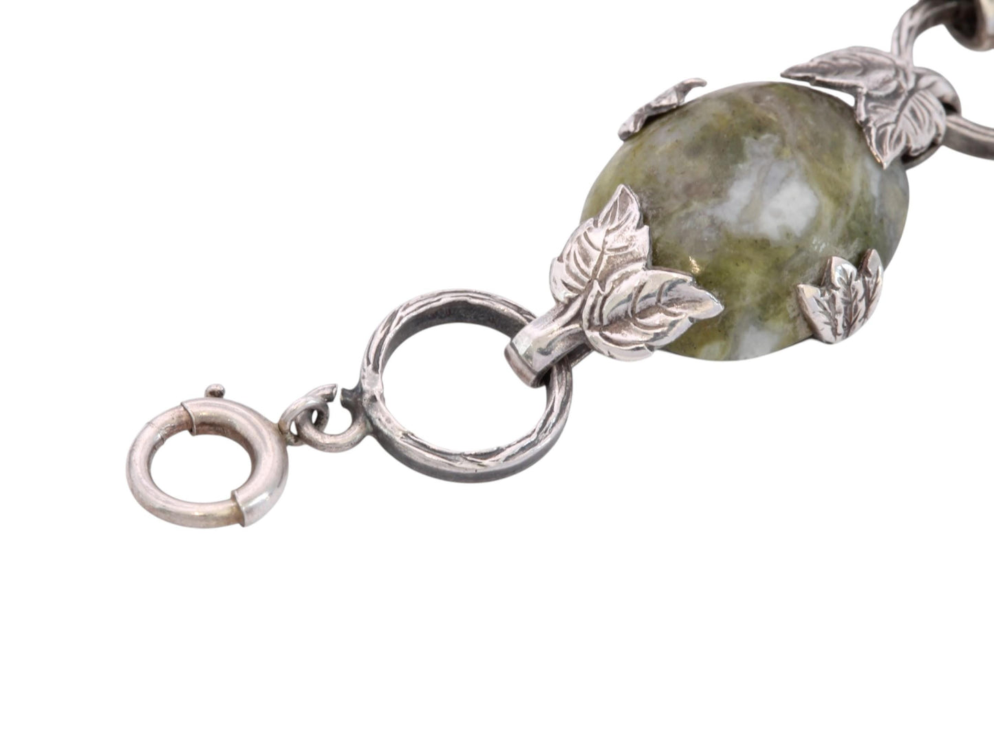 Antique Sterling Silver Connemara Marble Bracelet | Irish Leaf Link Bracelet | c.1950