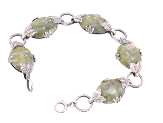 Antique Sterling Silver Connemara Marble Bracelet | Irish Leaf Link Bracelet | c.1950