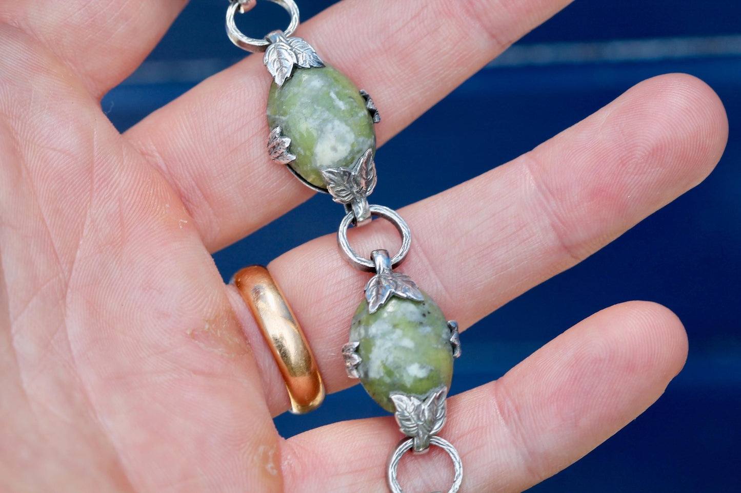 Antique Sterling Silver Connemara Marble Bracelet | Irish Leaf Link Bracelet | c.1950