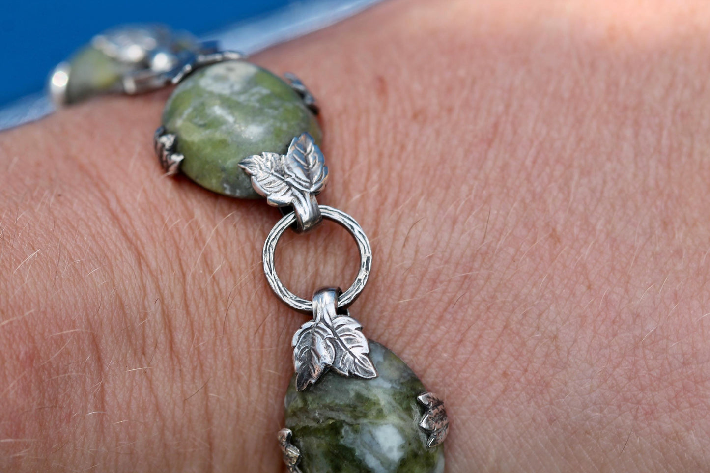 Antique Sterling Silver Connemara Marble Bracelet | Irish Leaf Link Bracelet | c.1950