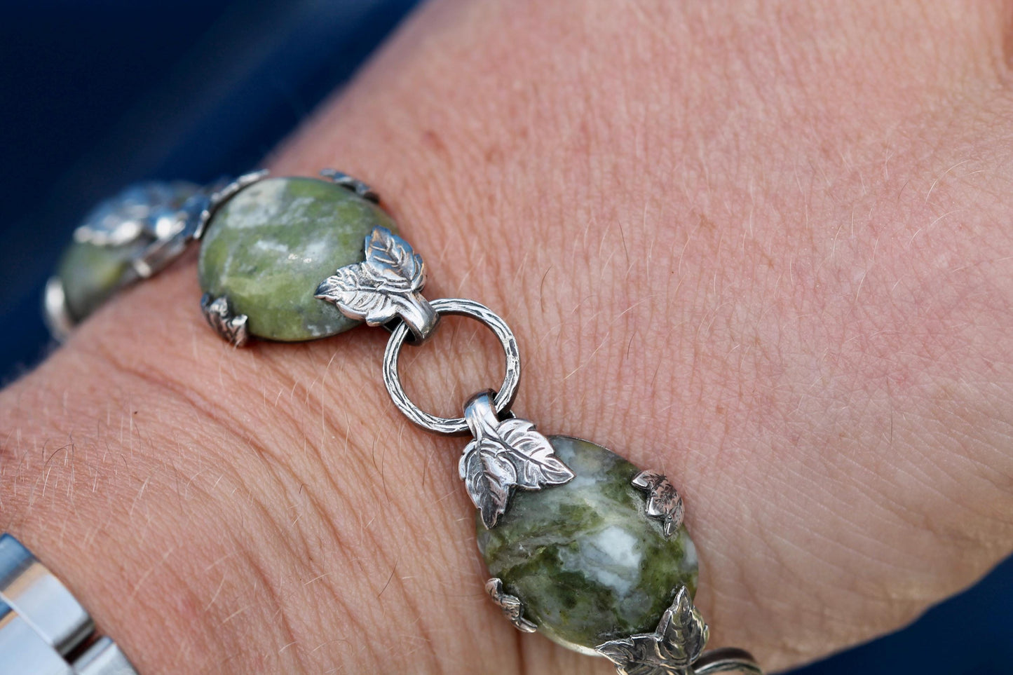 Antique Sterling Silver Connemara Marble Bracelet | Irish Leaf Link Bracelet | c.1950