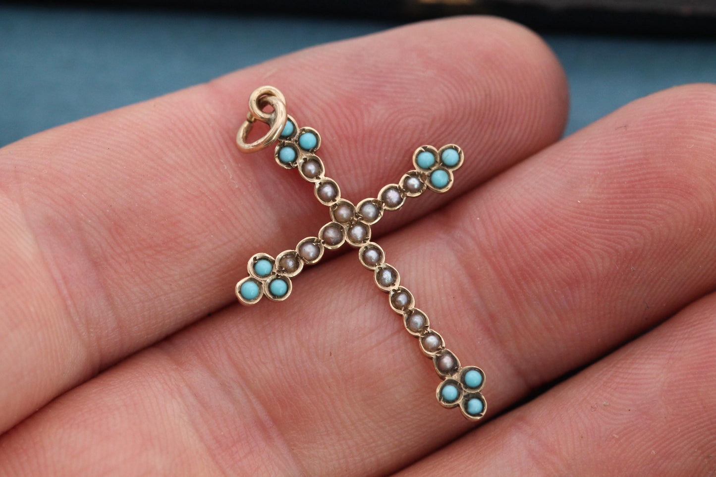 Antique Victorian 9ct Gold Cross Pendant | Seed Pearl & Turquoise | c.1880