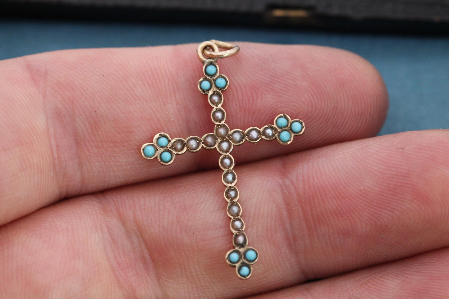 Antique Victorian 9ct Gold Cross Pendant | Seed Pearl & Turquoise | c.1880