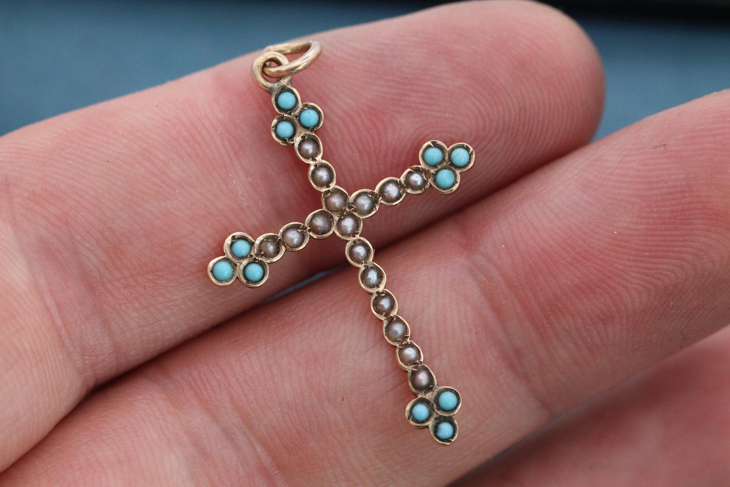 Antique Victorian 9ct Gold Cross Pendant | Seed Pearl & Turquoise | c.1880