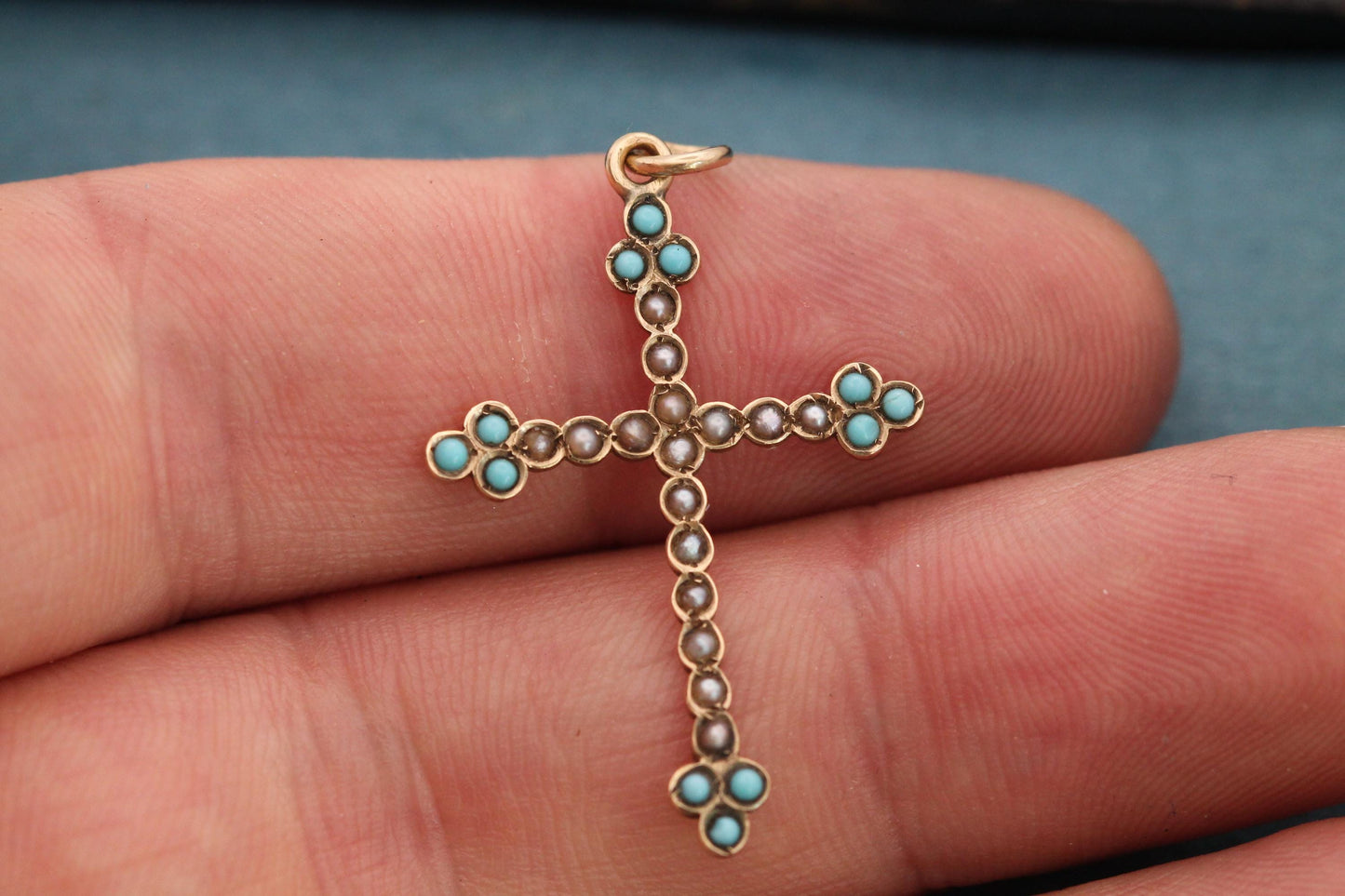 Antique Victorian 9ct Gold Cross Pendant | Seed Pearl & Turquoise | c.1880