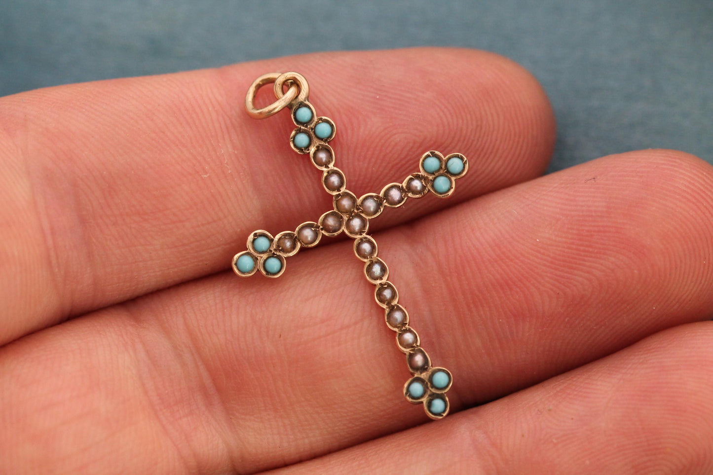Antique Victorian 9ct Gold Cross Pendant | Seed Pearl & Turquoise | c.1880