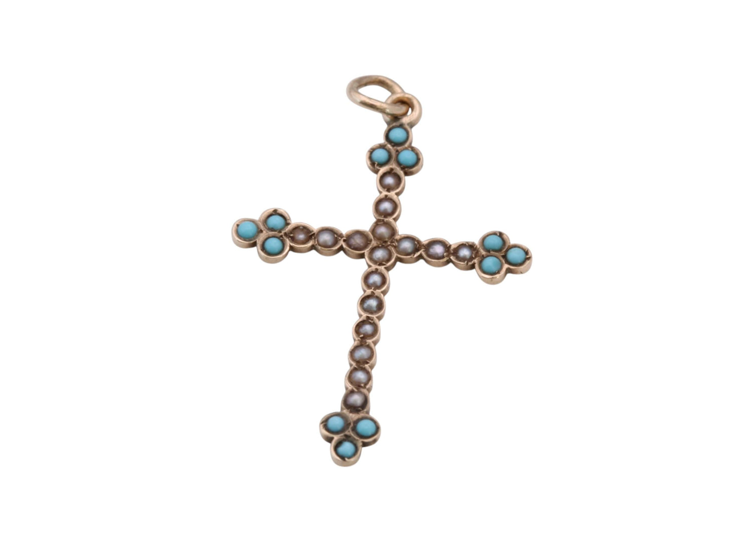 Antique-Victorian-9ct-Gold-Cross-Pendant-|-Seed-Pearl-&-Turquoise-|-c.1880