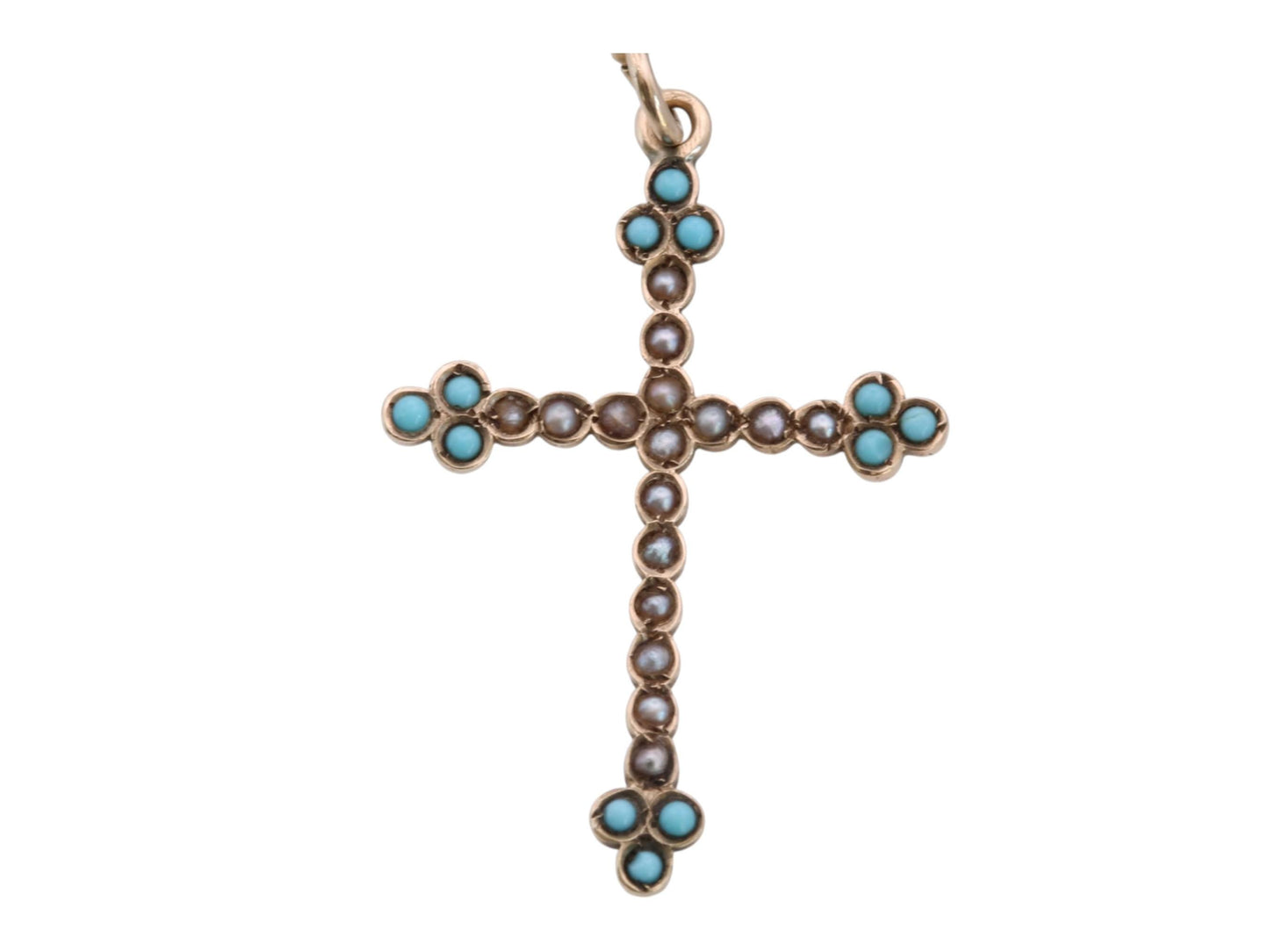 Antique Victorian 9ct Gold Cross Pendant | Seed Pearl & Turquoise | c.1880