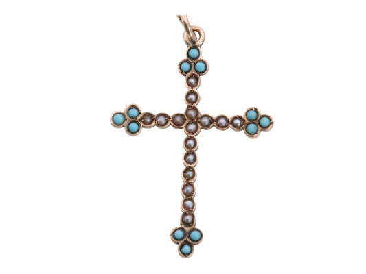 Antique Victorian 9ct Gold Cross Pendant | Seed Pearl & Turquoise | c.1880