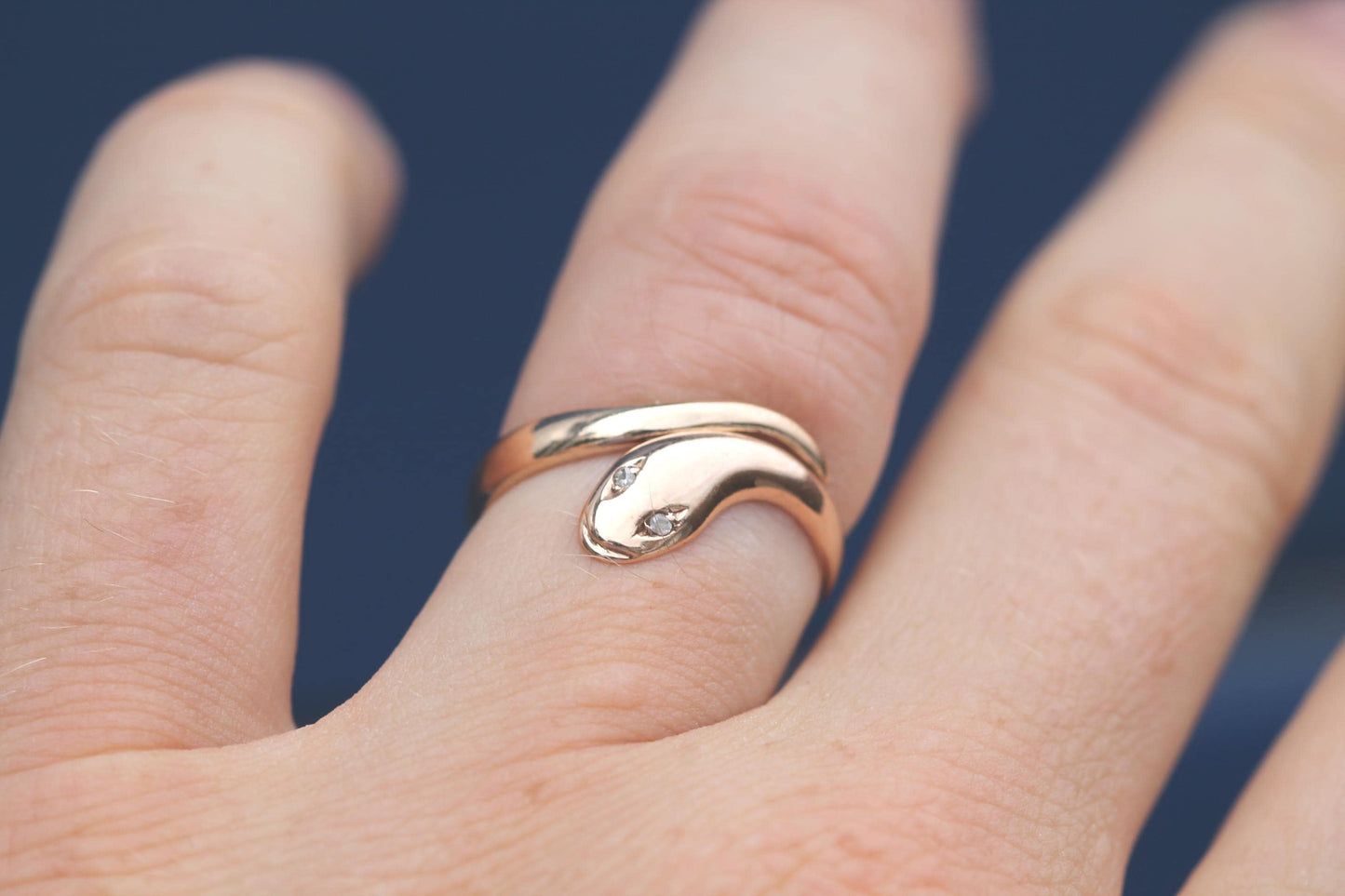 Antique 9ct Gold Snake Ring | Diamond Eyes | Coiled Serpent Ring | 1908