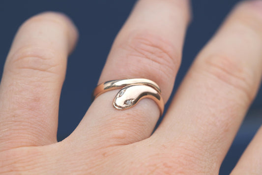 Antique 9ct Gold Snake Ring | Diamond Eyes | Coiled Serpent Ring | 1908