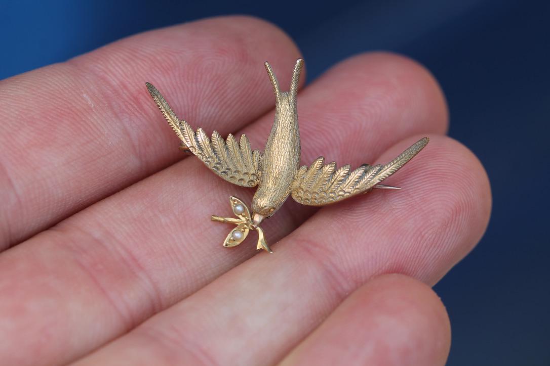 Antique Edwardian Swallow Brooch | 15ct Gold & Seed Pearl | Bird Jewellery | c.1905