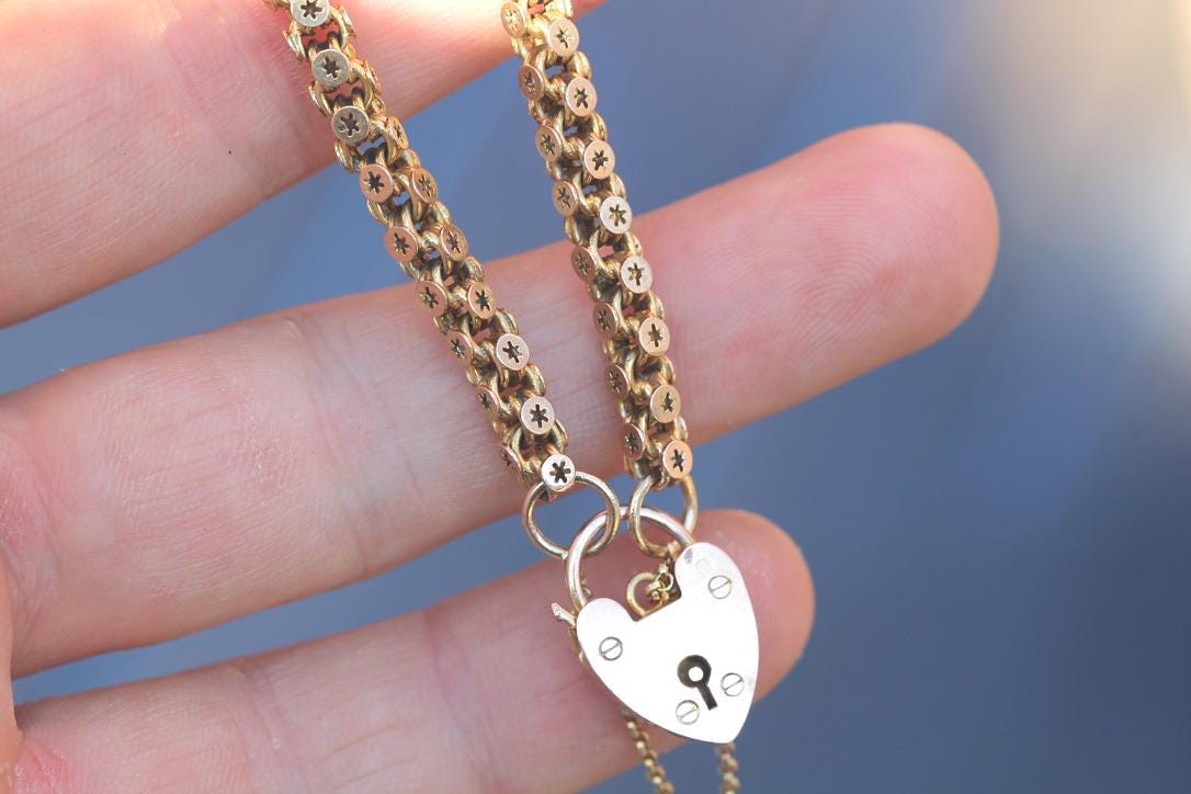 Antique 9ct Gold Star Link Bracelet | Heart Padlock | Safety Chain | Victorian