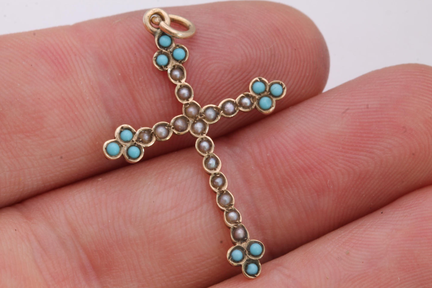 Antique Victorian 9ct Gold Cross Pendant | Seed Pearl & Turquoise | c.1880