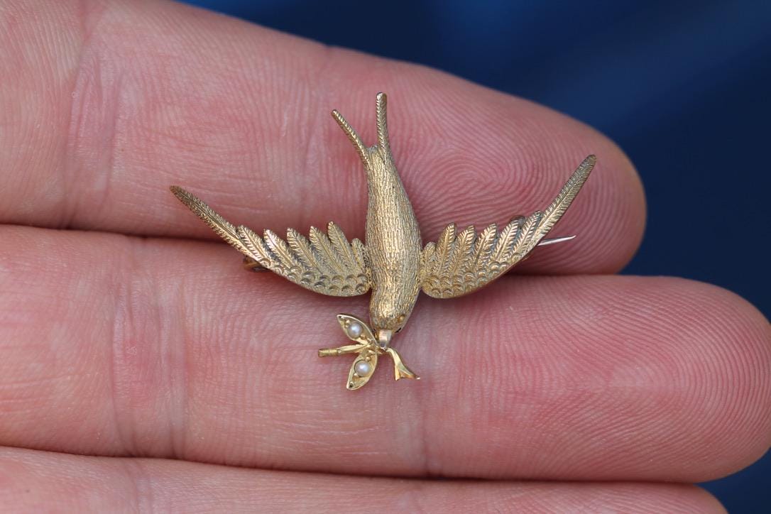 Antique Edwardian Swallow Brooch | 15ct Gold & Seed Pearl | Bird Jewellery | c.1905