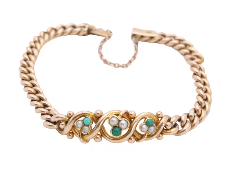 RESERVED ———- Antique 15ct Yellow Gold Shamrock Pearl Turquoise Bracelet, 7"