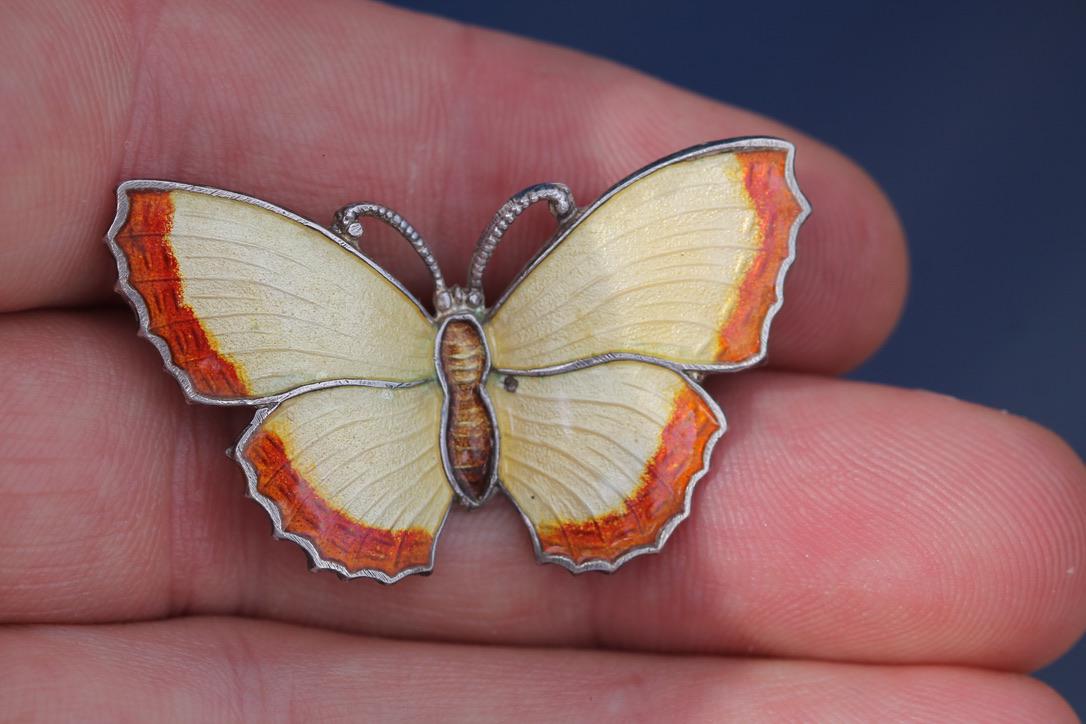 Vintage Sterling Silver Enamel Butterfly Brooch | Orange & Cream Butterfly Pin — view 3