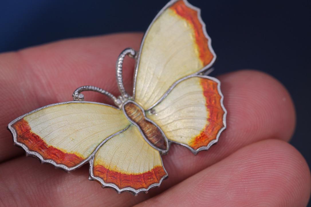 Vintage Sterling Silver Enamel Butterfly Brooch | Orange & Cream Butterfly Pin — view 4