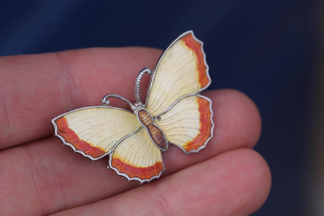 Vintage Sterling Silver Enamel Butterfly Brooch | Orange & Cream Butterfly Pin — view 5