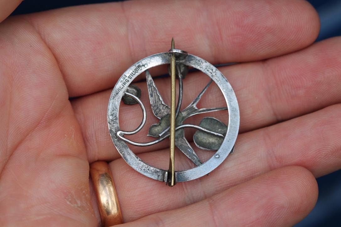 Vintage Sterling Silver Enamel Swallow Brooch | Mid-Century c.1950 — view 3