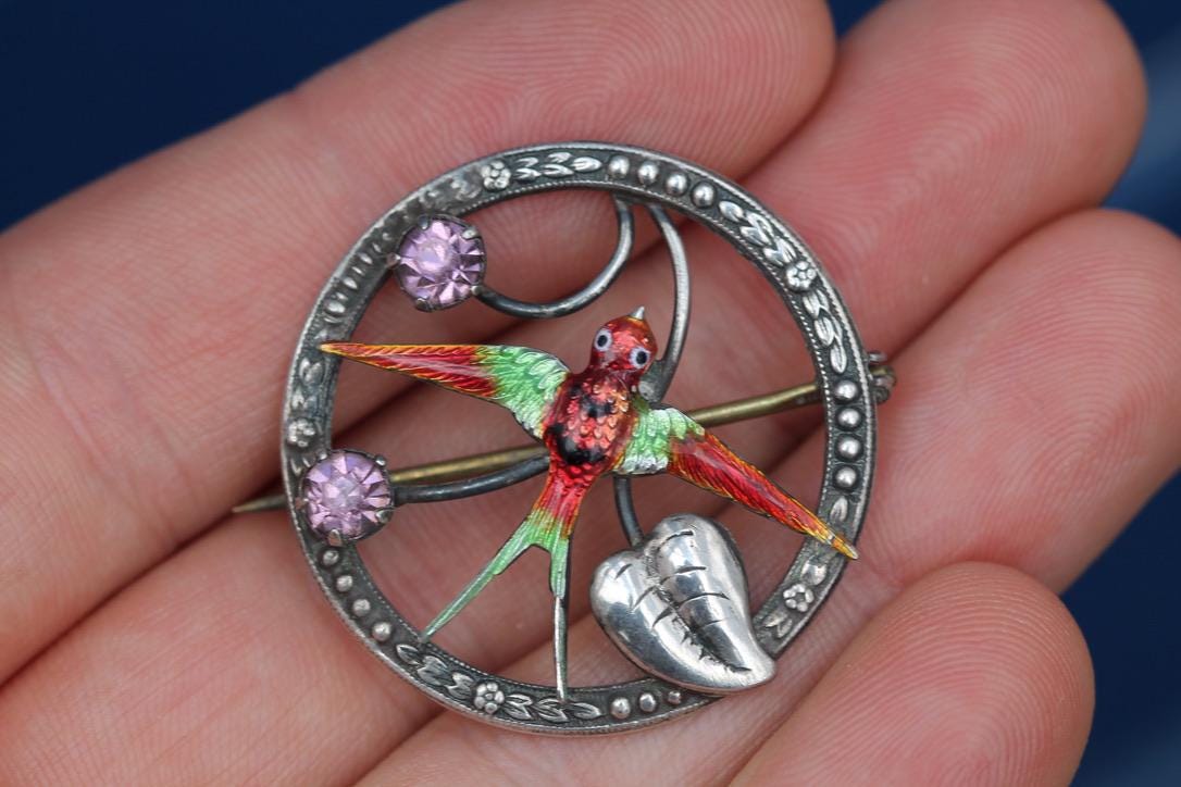 Vintage Sterling Silver Enamel Swallow Brooch | Mid-Century c.1950 — view 8