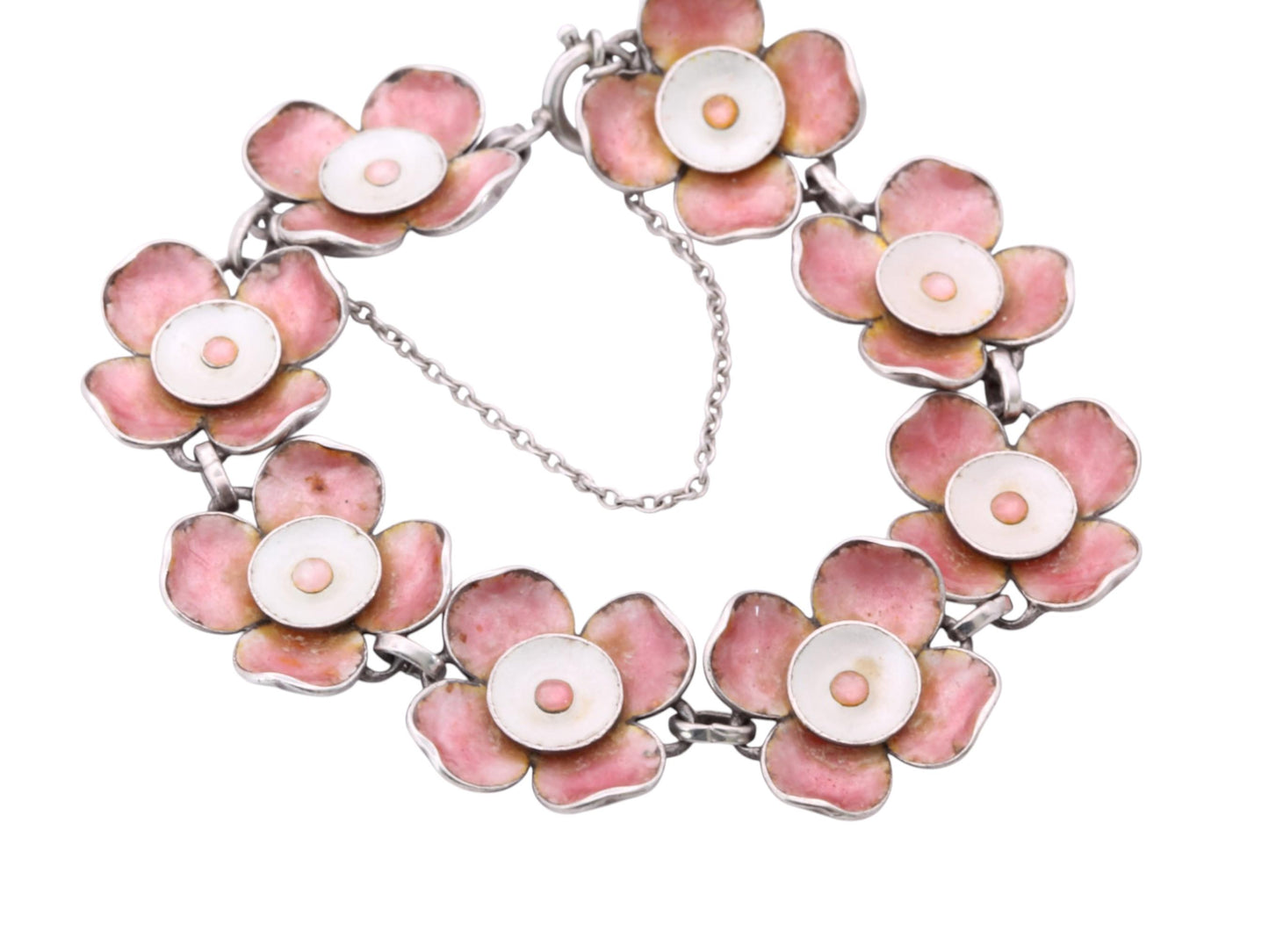 Vintage Sterling Silver Pink Enamel Flower Bracelet | c.1960 — view 3